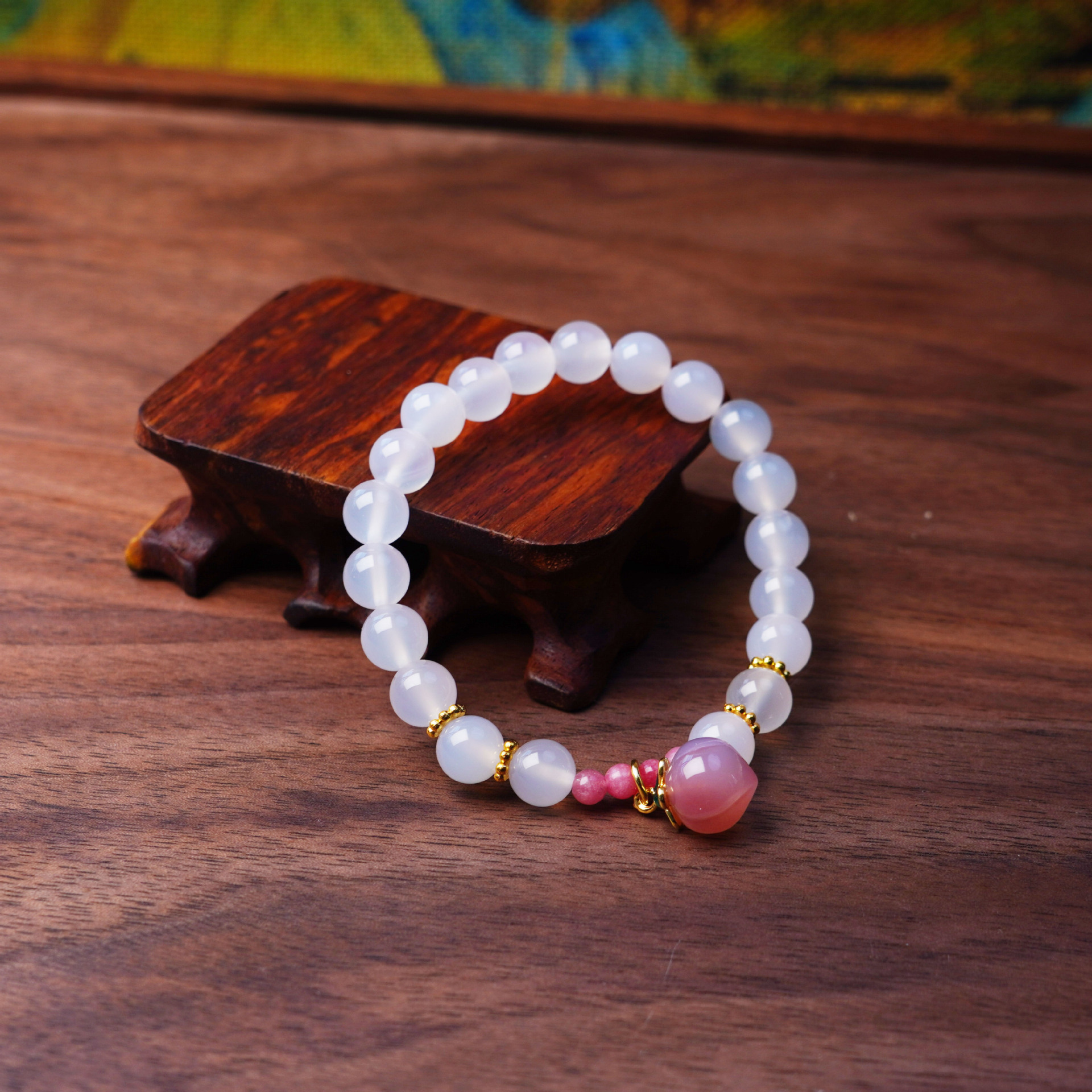 Tipo de hielo natural brazalete de ágata blanca para mujeres con colgante de melocotón dulce pincho de mano fresco y dulce mejor amiga decoración de mano regalo pic 30