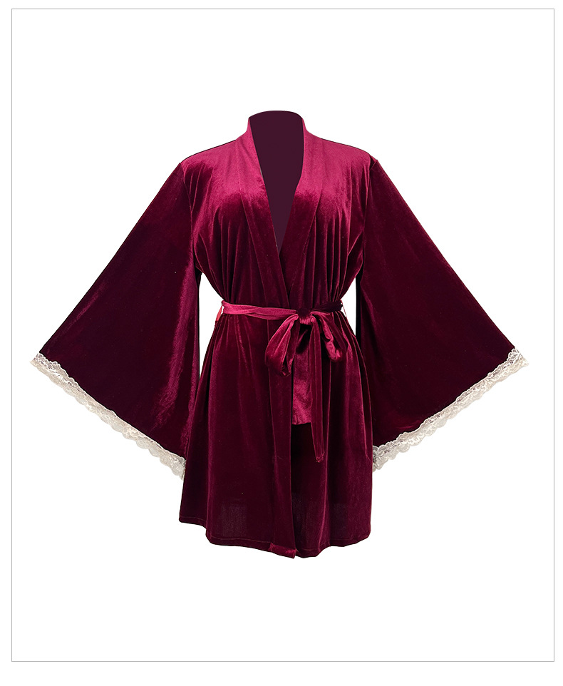 Feiyun velvet lace patchwork retro sexy pajama set, halter dress and outer robe two-piece set, available in multiple colors, 777 pic 19