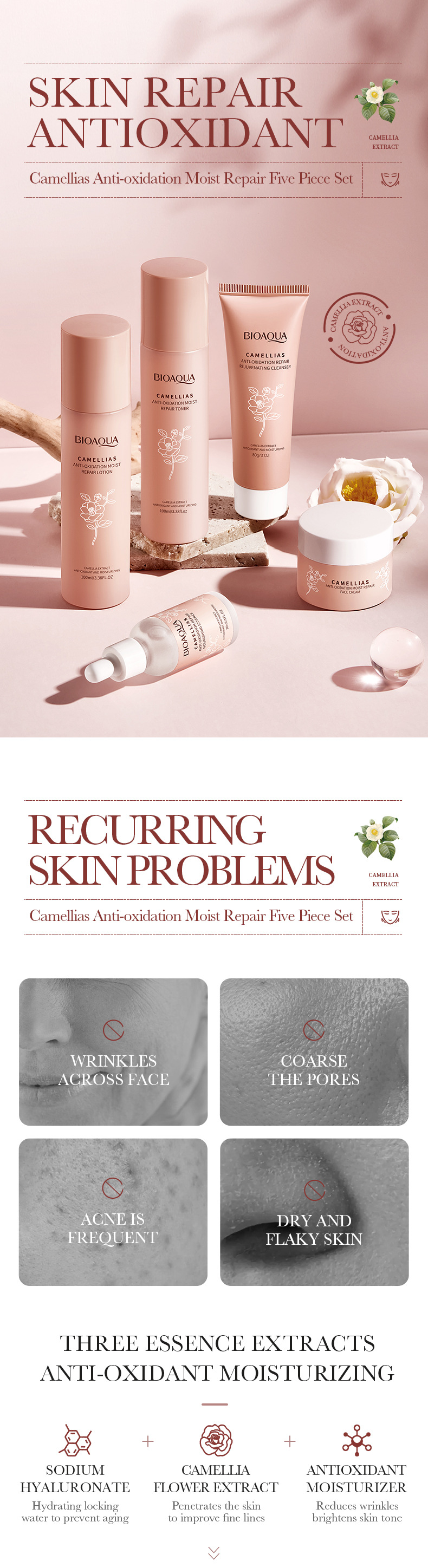 Cross-border export wholesale of all-English Camellia Five-piece set BIOAOUA Hydrating and Moisturizing Skin Care products Box pic 2