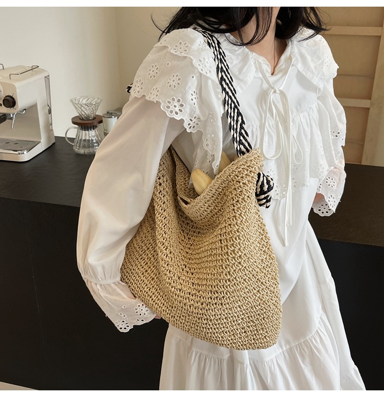 Summer high-capacity straw woven bag for women, 2024 new style seaside and beach vacation single-shoulder bag, commuter tote bucket bag pic 28