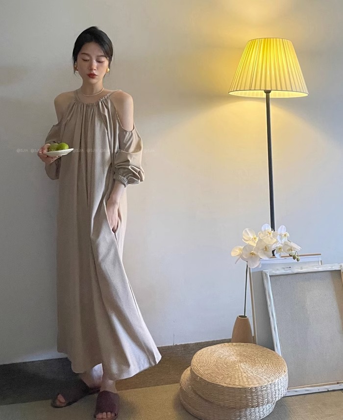 韩国东大门清冷风抽绳露肩长袖连衣裙女初秋宽松显瘦气质长裙ins详情1