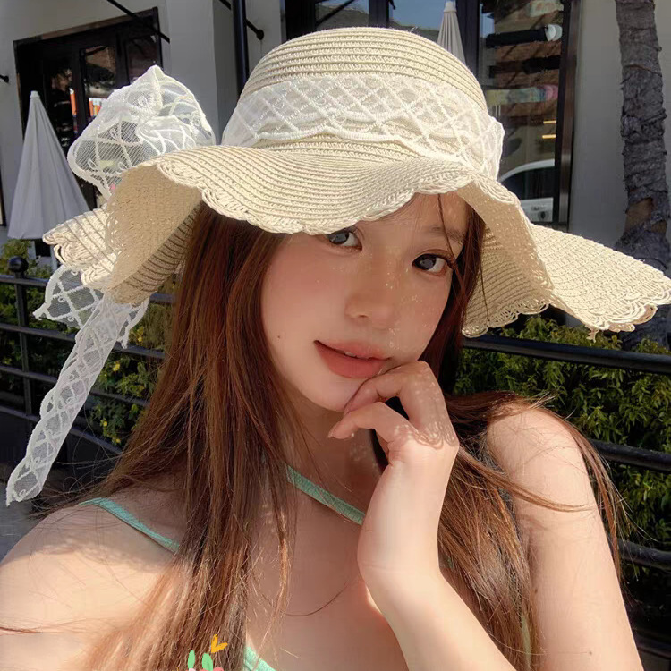 春夏遮阳草帽网格蕾丝百搭出游海边沙滩帽镂空蝴蝶结甜美帽子详情1