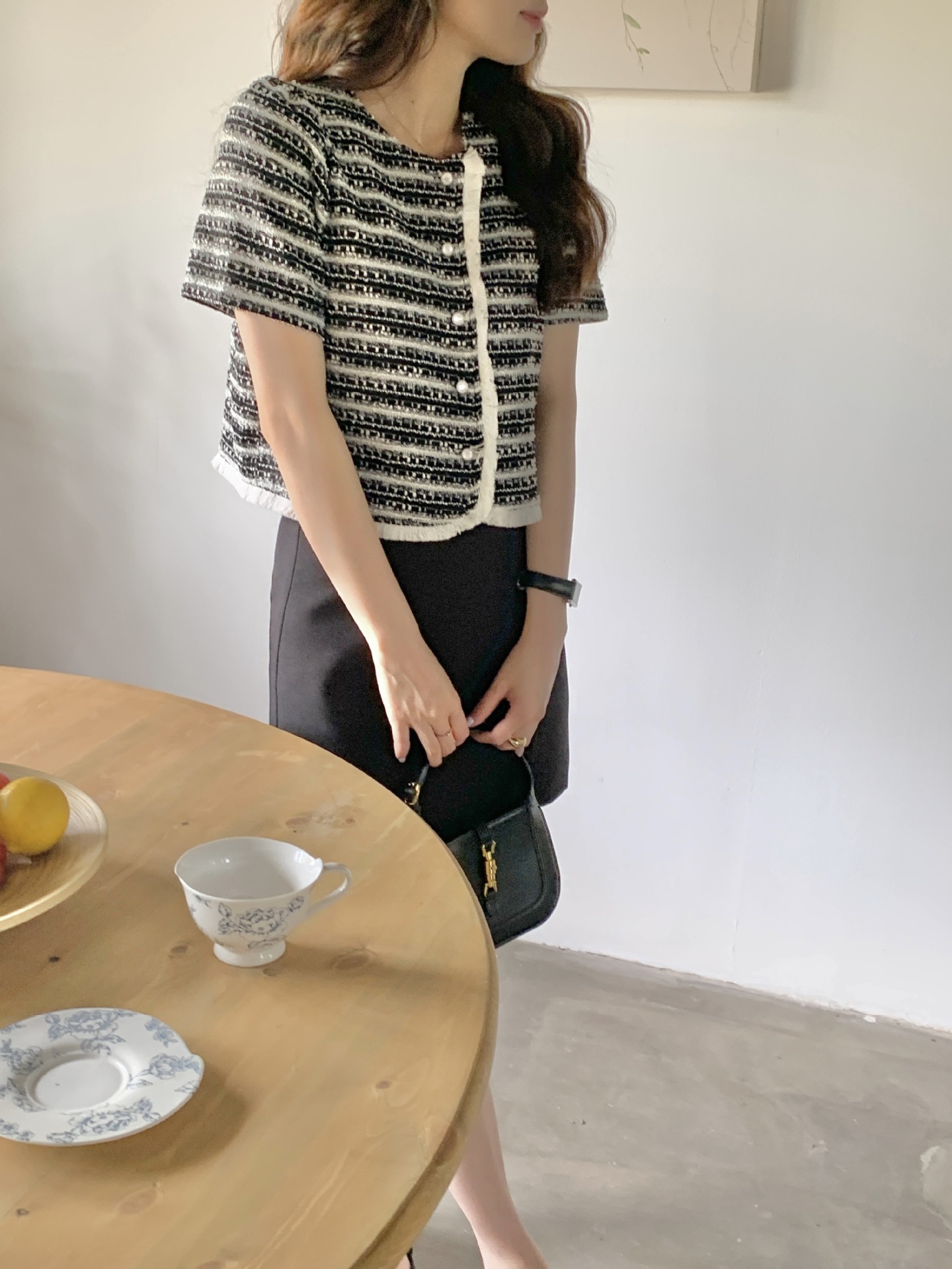 实拍 2024年新款韩系ins简约 圆领 小香风 须须毛边 上衣短袖女装详情24