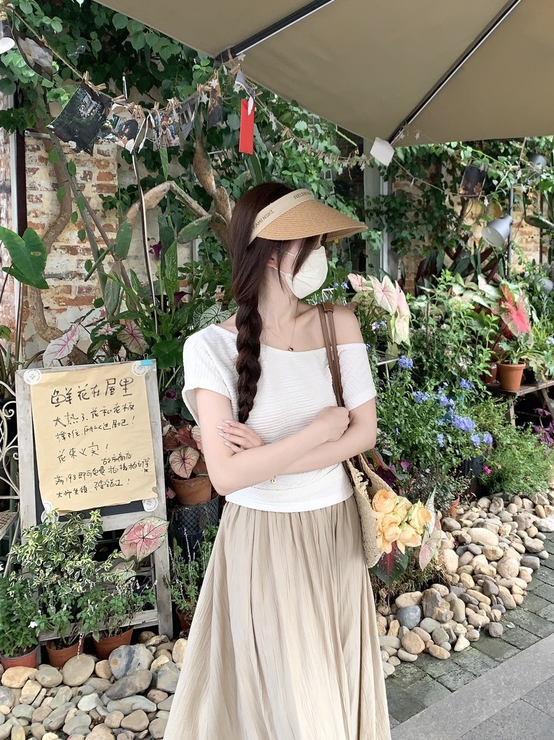 斜肩肌理感韩版短袖T恤女夏季修身显瘦内搭打底衫白色气质上衣服详情4