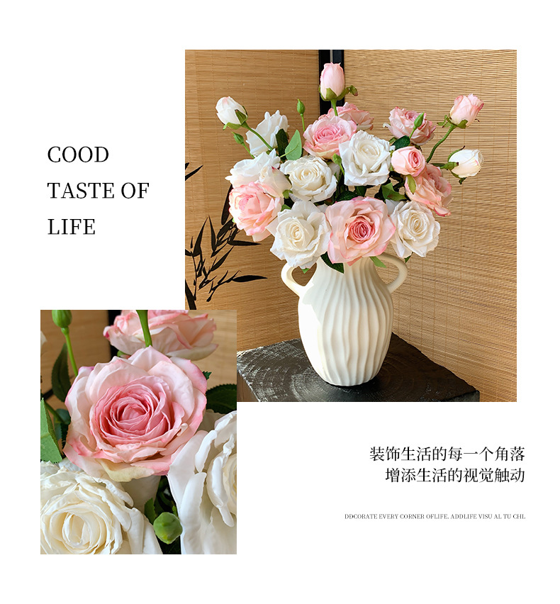 法式油画焦边3头玫瑰花仿真花干花假花花束摆设客厅装饰拍照道具详情7