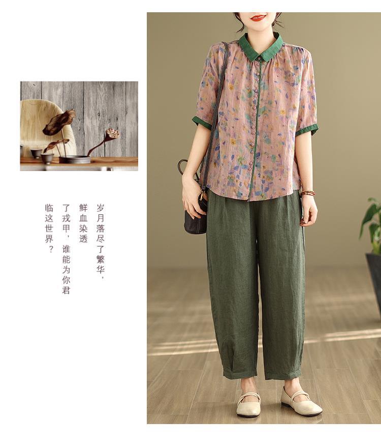 中老年妈妈装衬衫棉麻韩版大码复古民族风两件套夏装苎麻套装女装详情21