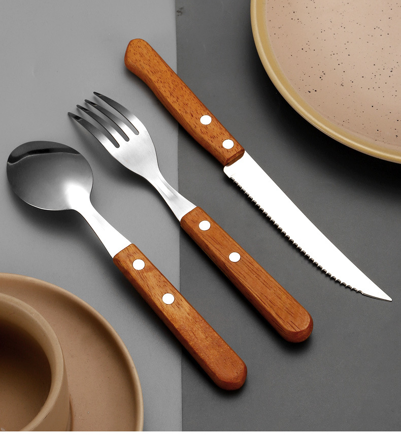 410不锈钢红木柄牛排刀叉餐叉甜品勺 西餐厅西餐刀叉勺礼品四件套详情12
