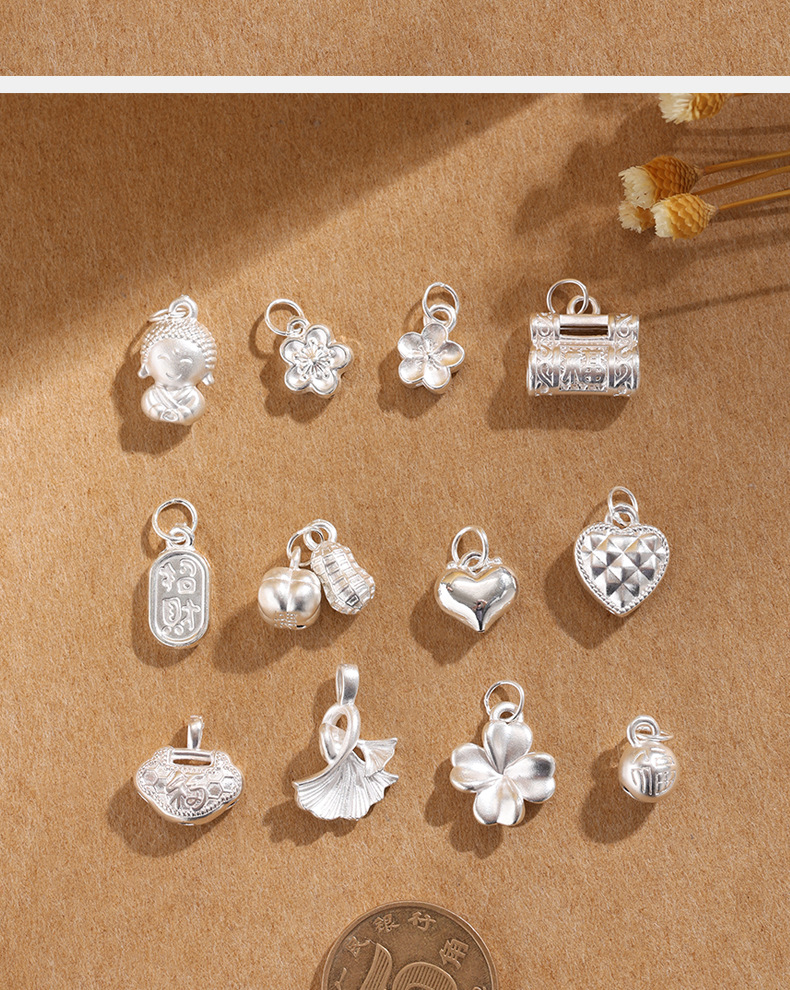 999 pure silver pendant, heart-shaped pure silver cherry blossom necklace, bracelet, pendant, handcrafted bracelet, beaded DIY jewelry accessories pic 5