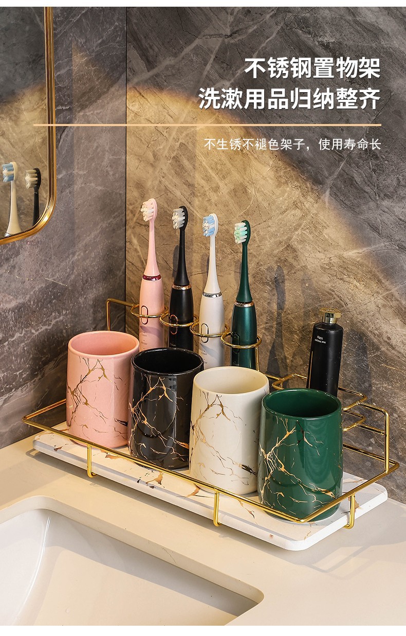 Simple and creative couple washbasin cups, home bathroom ceramic toothbrush cups, marble-patterned handless mouthwash cups pic 9