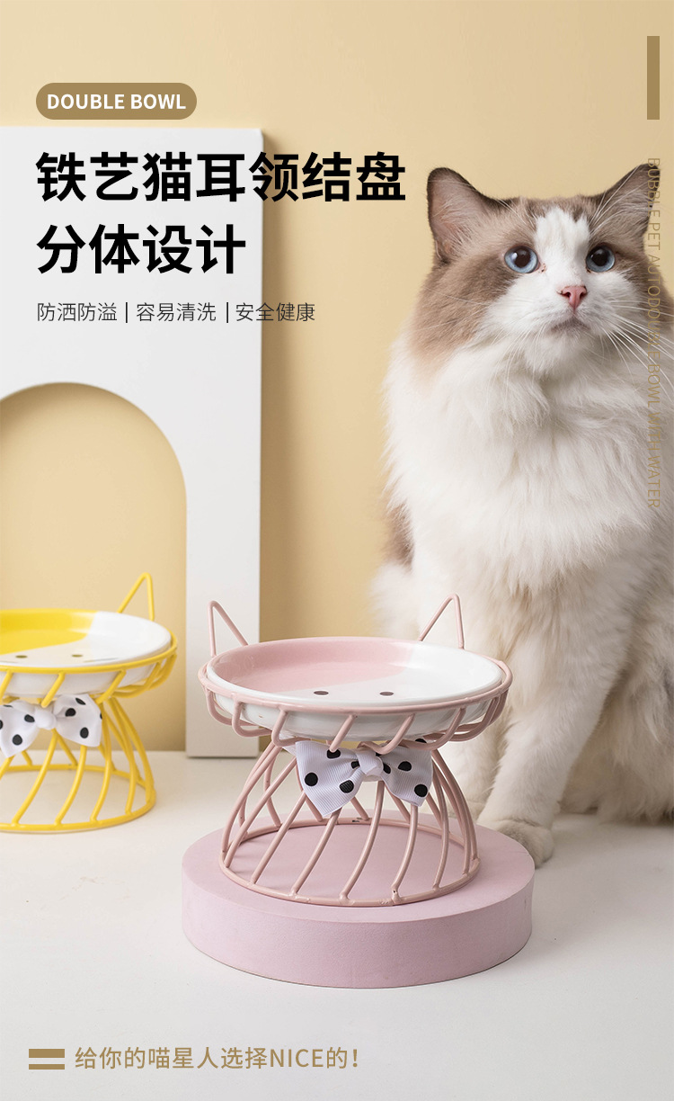 Wow custom cat bowl, ceramic high-legged neck guard, large-mouthed pet food bowl, Garfield cat special flat face bowl snack plate pic 1
