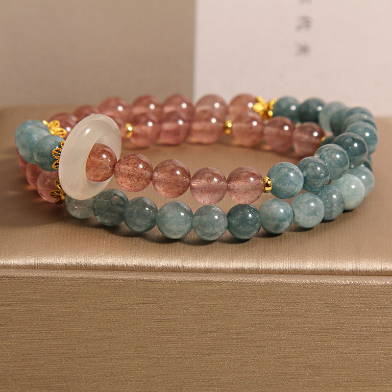 New Chinese-style blue water jade double-ring bracelet for women, light luxury, niche and exquisite strawberry crystal chalcedony running ring bracelet and jewelry