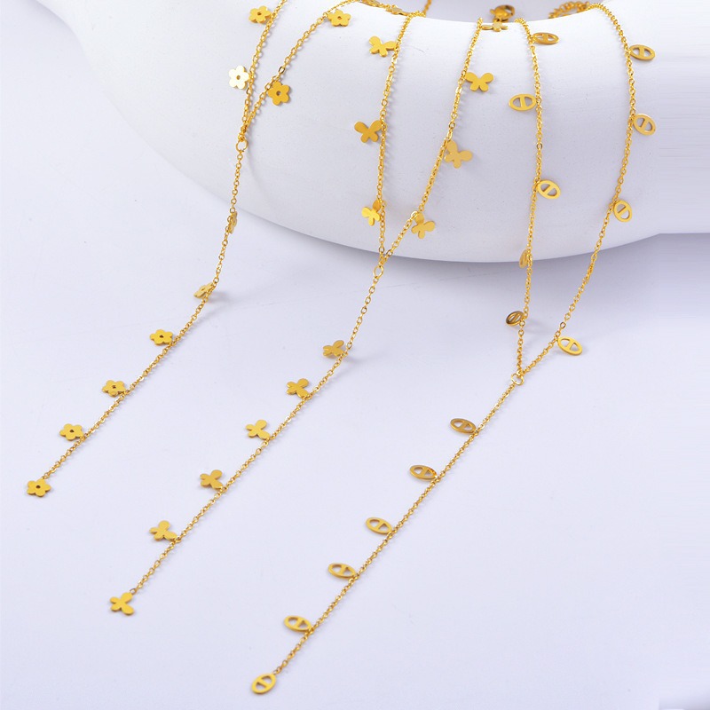 韩版简约长款流苏细毛衣项链 蝴蝶日字五叶花设计 不掉色耐磨钛钢锁骨链 时尚配饰新款上市