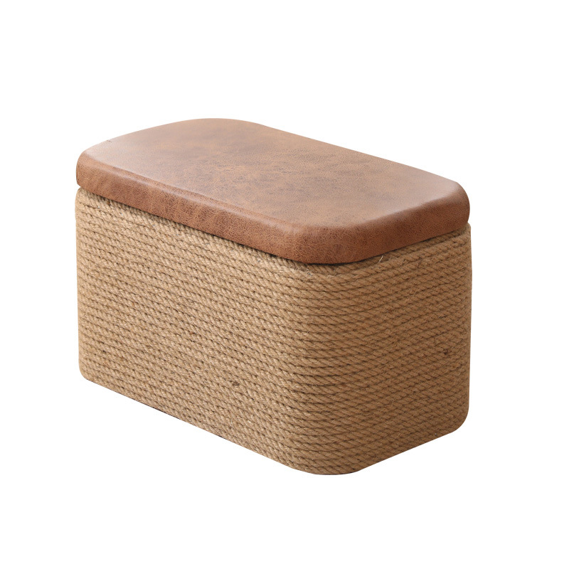 Solid wood hemp rope living room home shoe changing stool, storage stool, foot rest sofa, square stool, sitting box, organizing and storage box, simple and practical storage stool Item Picture