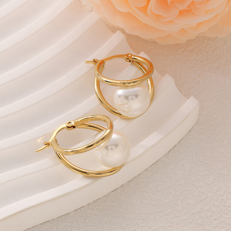 18K gold handcrafted diy stainless steel double-thread U-shaped pearl earrings with bead supports, ear buckles and earrings that do not fade, unique design pearl earrings details Picture