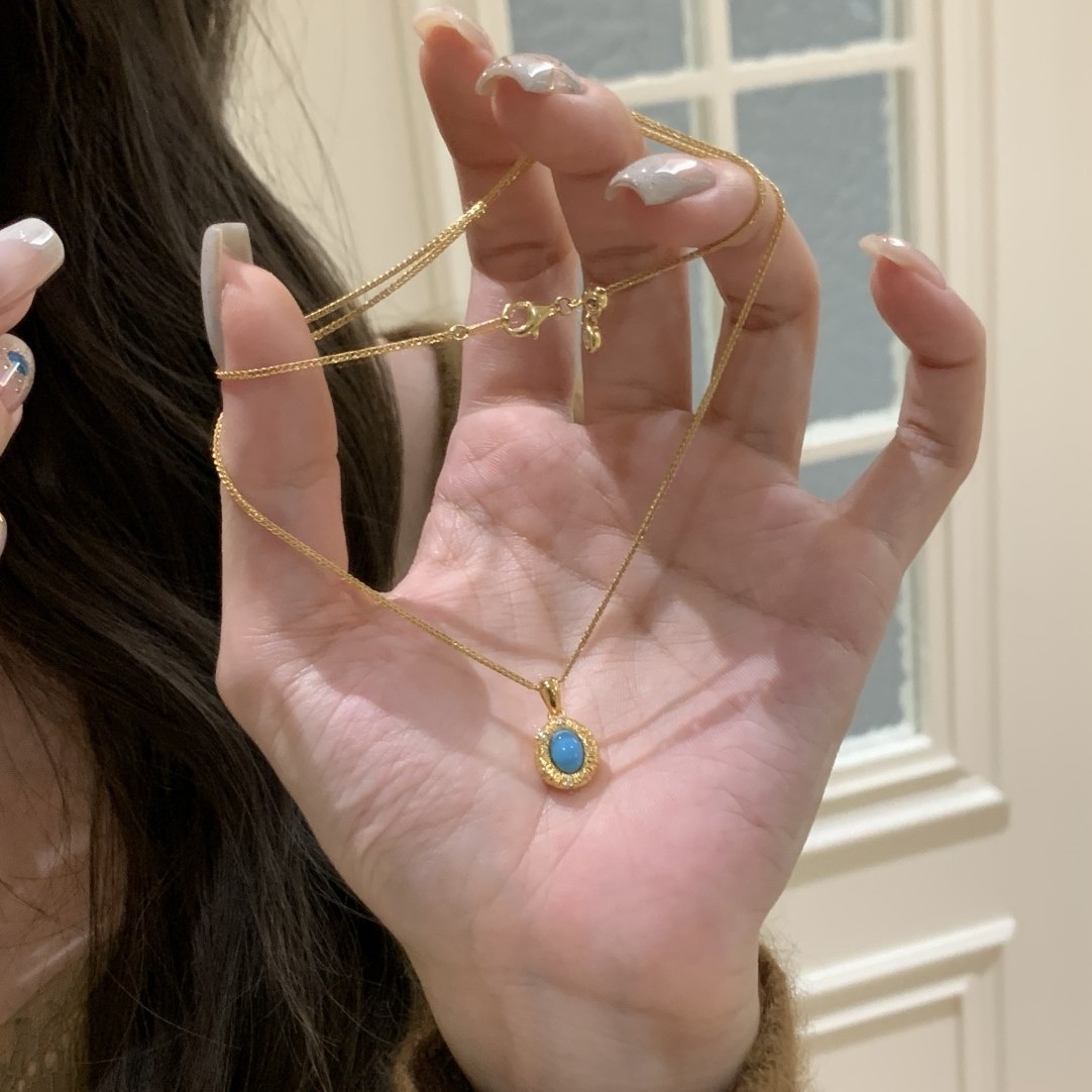 S925纯银中古蓝松石拉丝项链秋冬新款轻奢锆石锁骨链女时尚百搭潮流