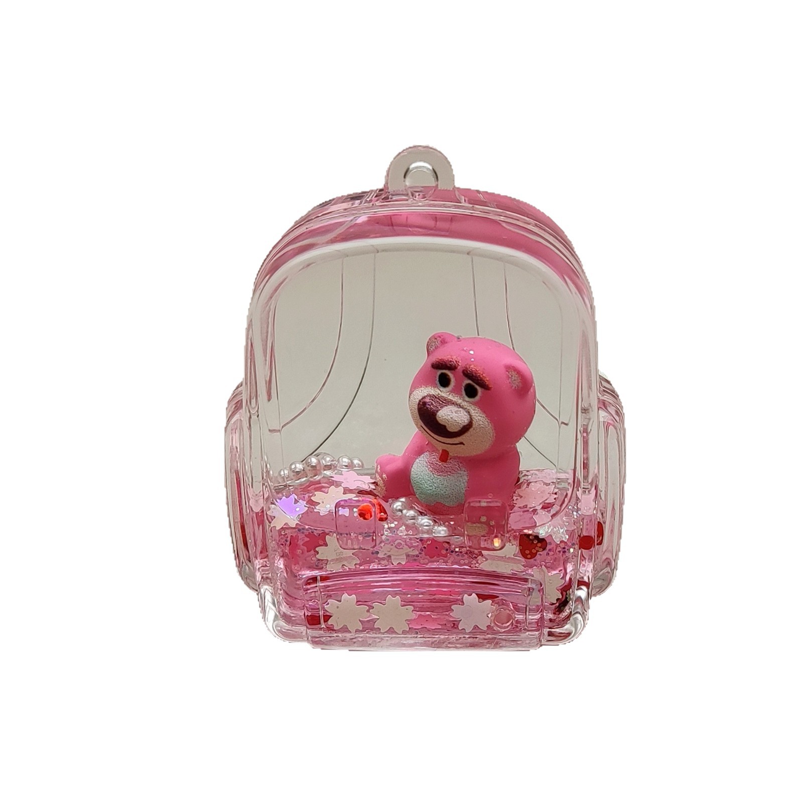 Creative acrylic sand bottle, pink strawberry bear keychain, car pendant, decorative accessory Item Picture