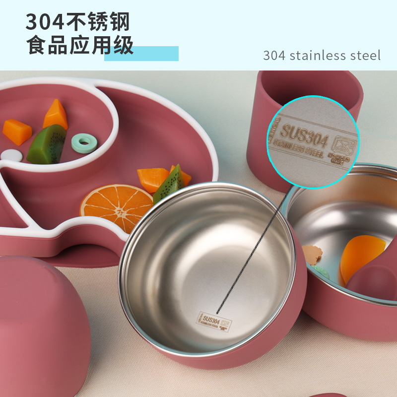 Baby Food Bowl And Cup 2-In-1 Silicone Plate Stainless Steel Tableware Set Food Grade Safe Material Feeding Tableware Baby Tableware Set Application Scenario