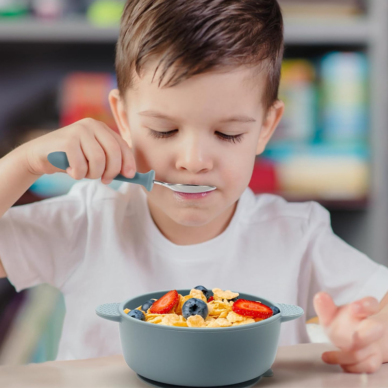 Baby learning to eat training spoon, children's stainless steel baby spoon, silicone handle, safe complementary food fork, feeding tableware set Specification drawing