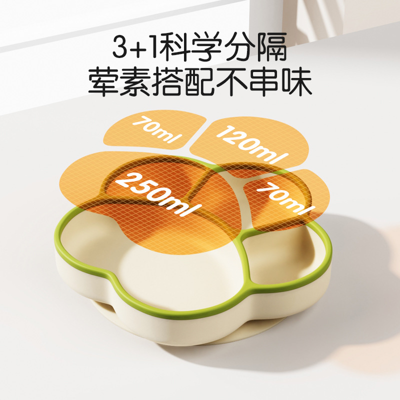Children's suction cup tableware set, feeding tableware, baby plates, compartments, cat PAWS, silicone bowls, two-color baby feeding training plates, safe, environmentally friendly and easy to clean Specification drawing