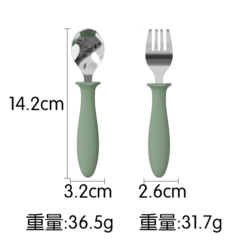 Baby learning to eat training spoon, children's stainless steel baby spoon, silicone handle, safe complementary food fork, feeding tableware set Item Picture