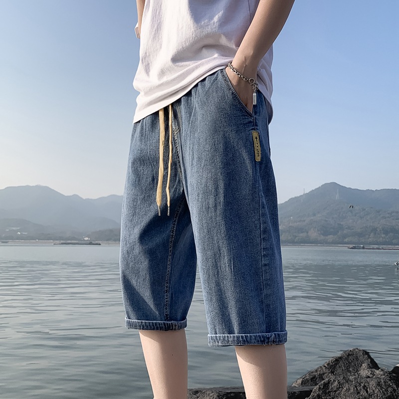 夏季新款男士五分牛仔短裤 韩版潮流七分宽松直筒裤 抽绳松紧腰中裤子 轻薄透气男士牛仔裤