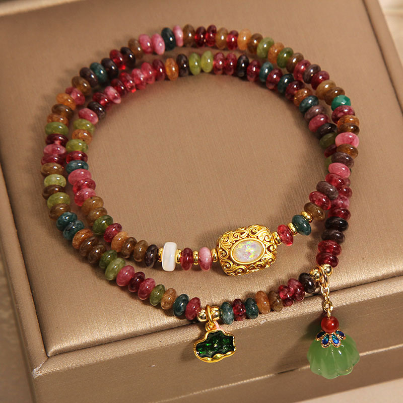 Rainbow tourmaline abacus beads double-loop bracelet for women, new Chinese-style light luxury niche lotus leaf and lotus pod pendant bracelet Item Picture