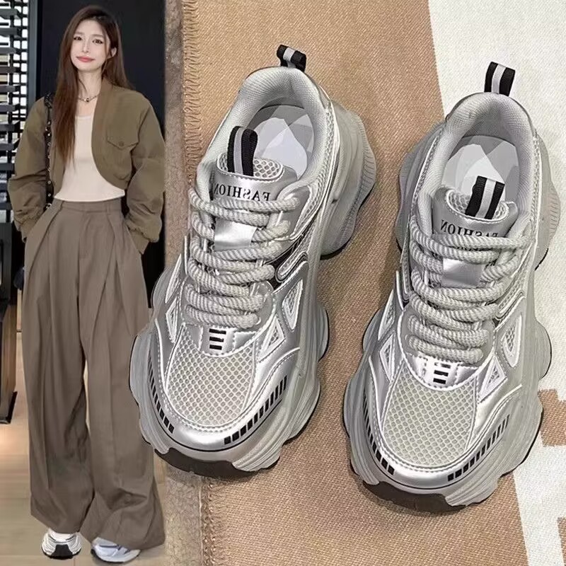 2025春夏季新款爆款老爹鞋女厚底增高轻便休闲运动鞋 网面透气百搭女式单鞋 潮流时尚舒适跑步鞋