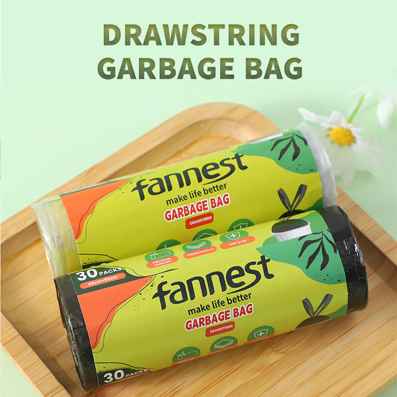 跨境抽绳垃圾袋家用厚款带拎手自动收口一次性塑料袋全英文包装环保耐用便捷清洁用品