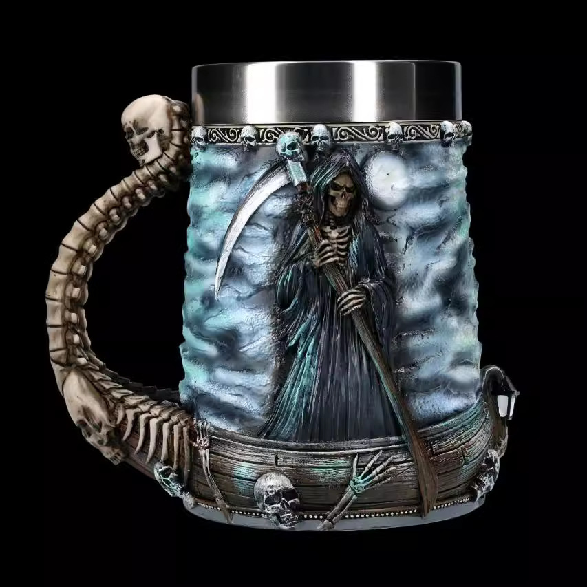Cross-border new Halloween skeleton mug, stainless steel Death God Coffee Beer mug, personalized and creative skull-shaped wine glass Specification image