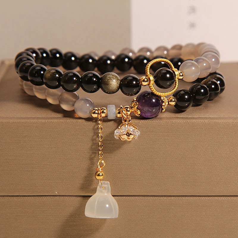 Natural grey agate double-ring crystal bracelet for women, Korean style, trendy and versatile, golden obsidian bracelet, lotus pod pendant bracelet