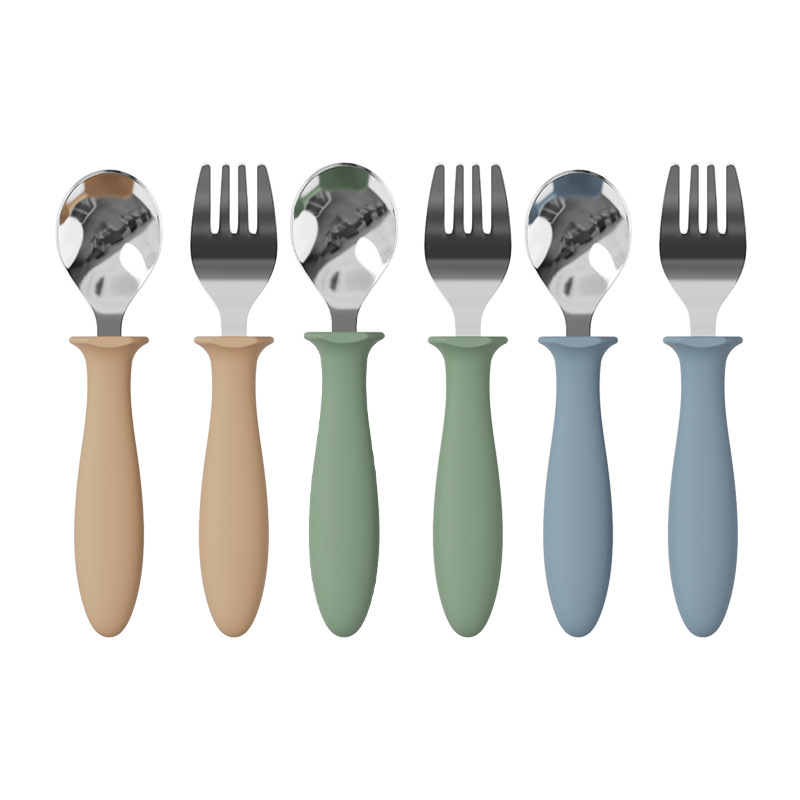 Baby learning to eat training spoon, children's stainless steel baby spoon, silicone handle, safe complementary food fork, feeding tableware set full figure