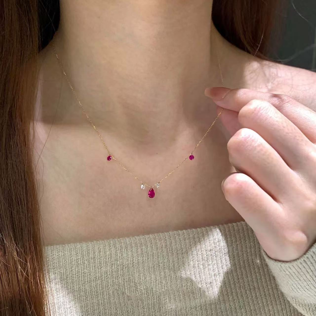 S925纯银复古玫瑰红水滴流苏耳环女时尚轻奢小众高端感项链饰品