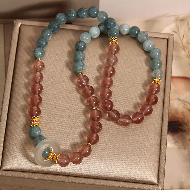 New Chinese-style blue water jade double-ring bracelet for women, light luxury, niche and exquisite strawberry crystal chalcedony running ring bracelet and jewelry Item Picture