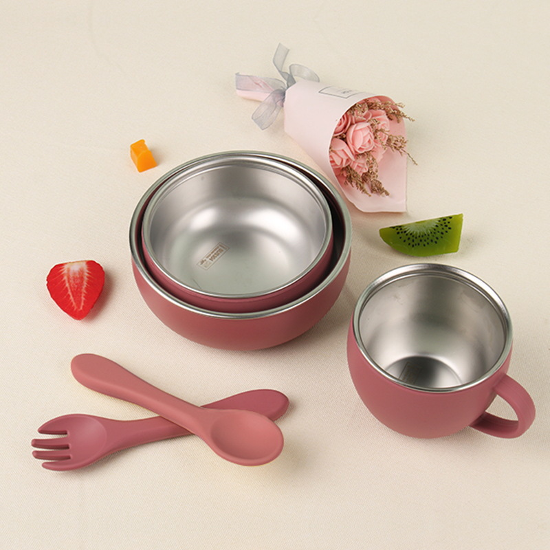 Baby Food Bowl And Cup 2-In-1 Silicone Plate Stainless Steel Tableware Set Food Grade Safe Material Feeding Tableware Baby Tableware Set full figure