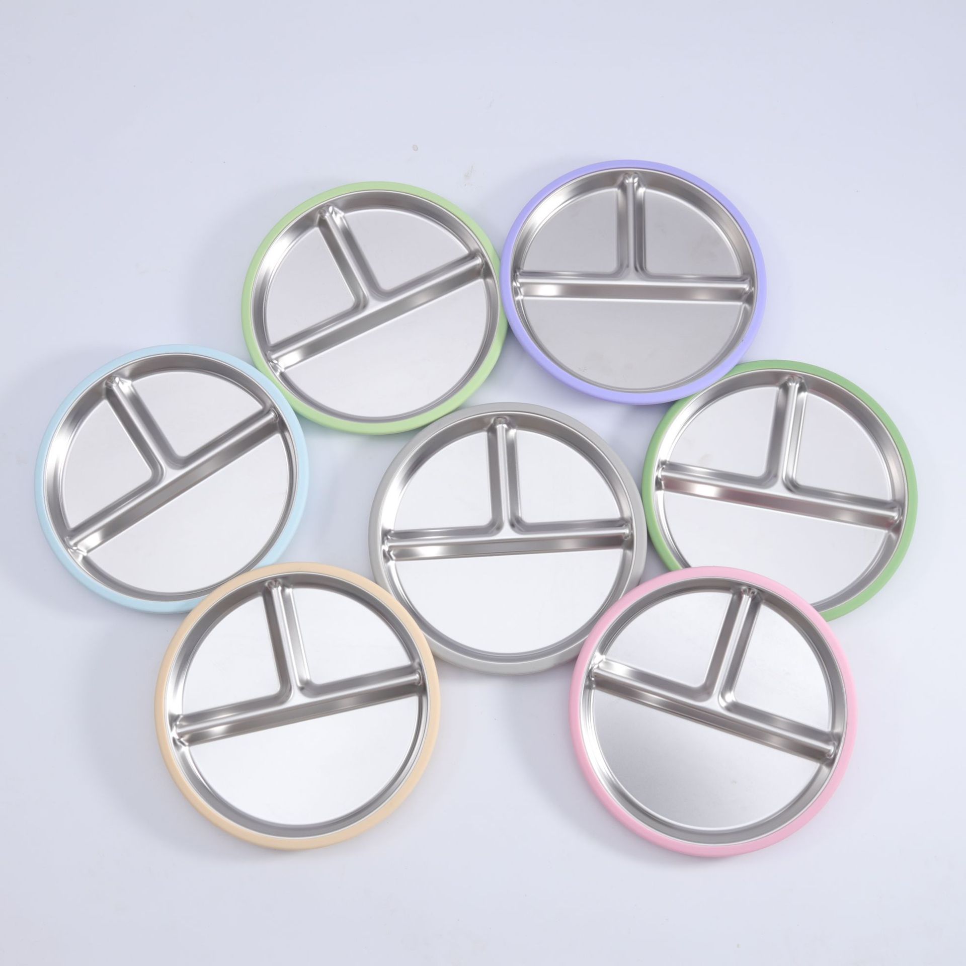 Cross-Border Fall-Proof Children's Complementary Food Tableware Stainless Steel Three-Panel Plate Separate Plate Dining Room Dining Plate Feeding Tableware Plate