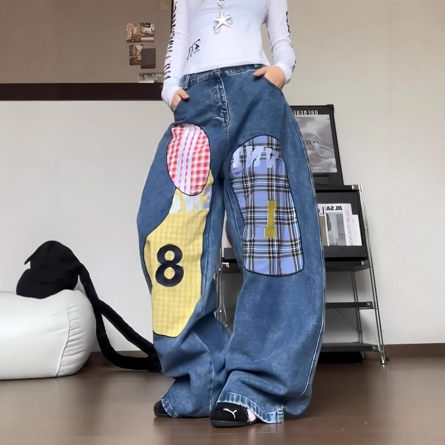 美式复古辣妹格子拼接牛仔裤女2025秋宽松阔腿卡通撞色百搭潮流女式长裤