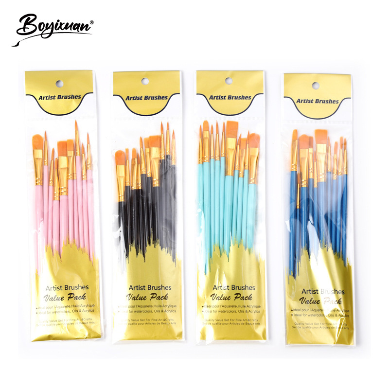 跨境亚马逊儿童美术套装10支塑料长杆水粉丙烯油画画笔尼龙材质DIY绘画工具