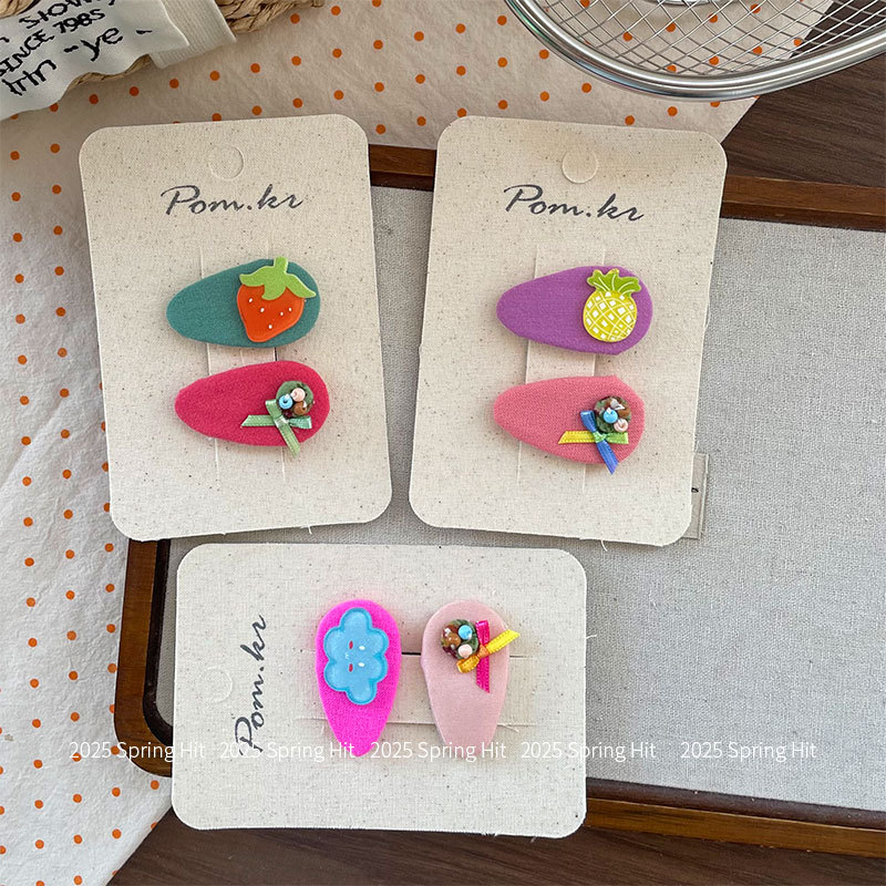 New Korean-style cloud children's hair clip, side broken hair bangs clip, bow, girl fruit series double set bye-bye hair accessory details Picture