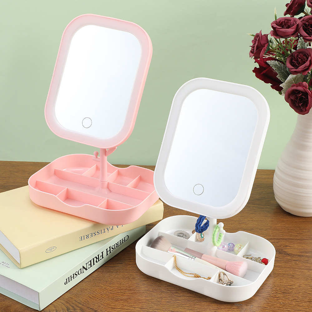 多功能旋转一体式收纳盒美容镜补光LED化妆镜女用日用百货卫浴用品