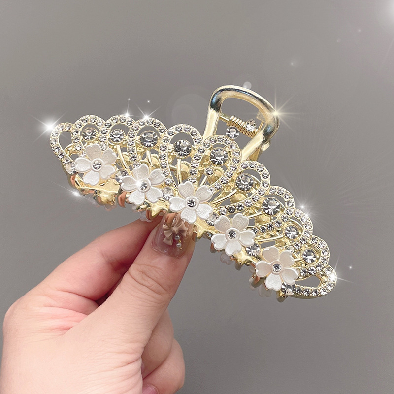 韩版皇冠花朵水钻抓夹 大号鲨鱼夹子 盘发金属发夹 水钻发夹