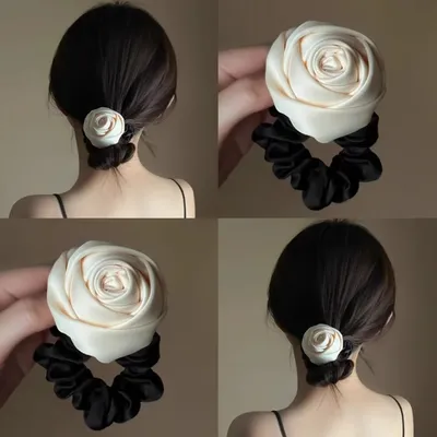 French retro satin three-dimensional rose hair ties, camellia flower hair ties, hair accessories, elegant and refined ladies' hair ties and hair ties, hair styling accessories thumbnail