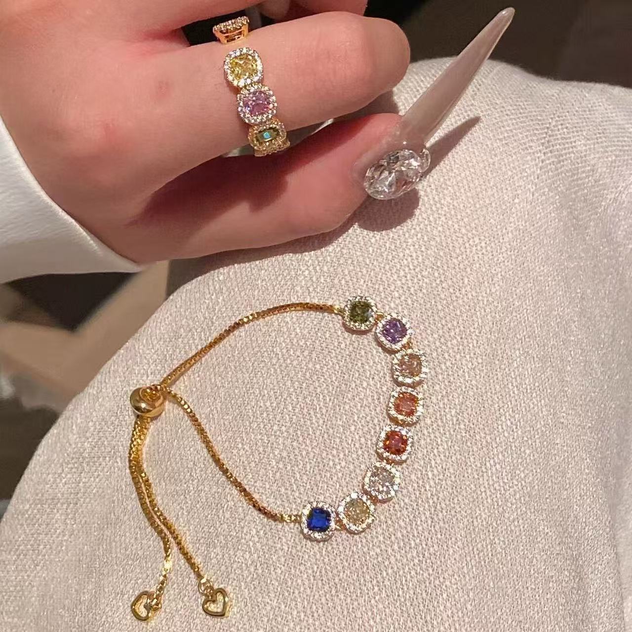 S925纯银多巴胺彩色锆石方糖手链戒指法式轻奢甜美气质清冷饰品手饰组合