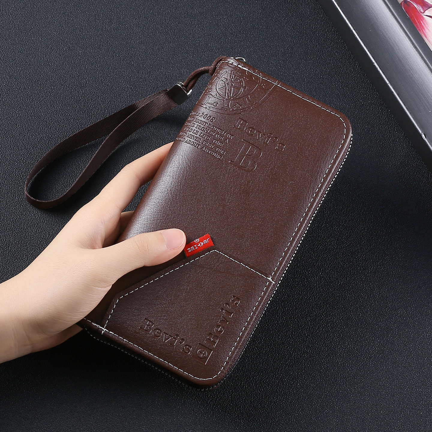 潮流男士多功能字母压花拼接手拿包复古拉链长款钱包青年款