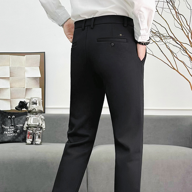 Men's winter high-elasticity fleece dress pants, middle-aged business dad high-waisted drape casual and versatile thermal underwear one-piece pants details Picture