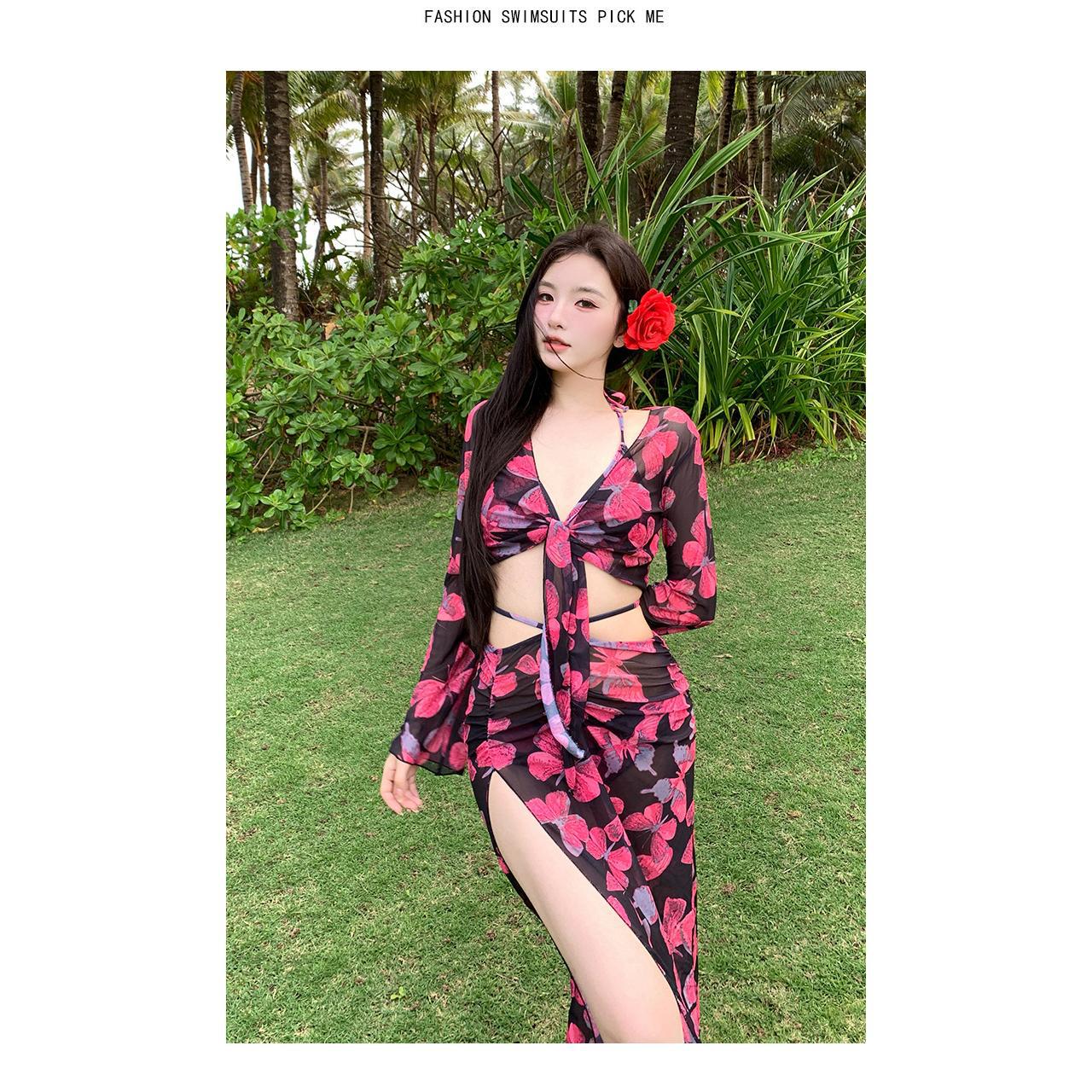 Purple Butterfly Print Long Sleeve Long Dress Split Swimsuit Gathering Conservative Belly Skirt Style Pure Slim-Fit Beach Swimming Suit details Picture