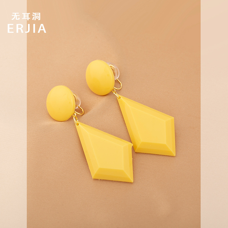 法式简约时尚耳夹日韩黄色几何菱形吊坠素款小众蚊香盘无耳洞耳环