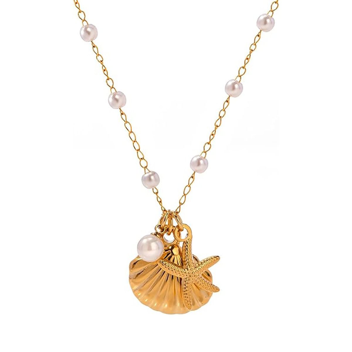 New product launch: European and American cross-border fashion, versatile. Starfish shell design, pearl embellishment for the ocean series of accessories. Wholesale price. Stainless steel necklace, anti-allergy and wear-resistant Item Picture