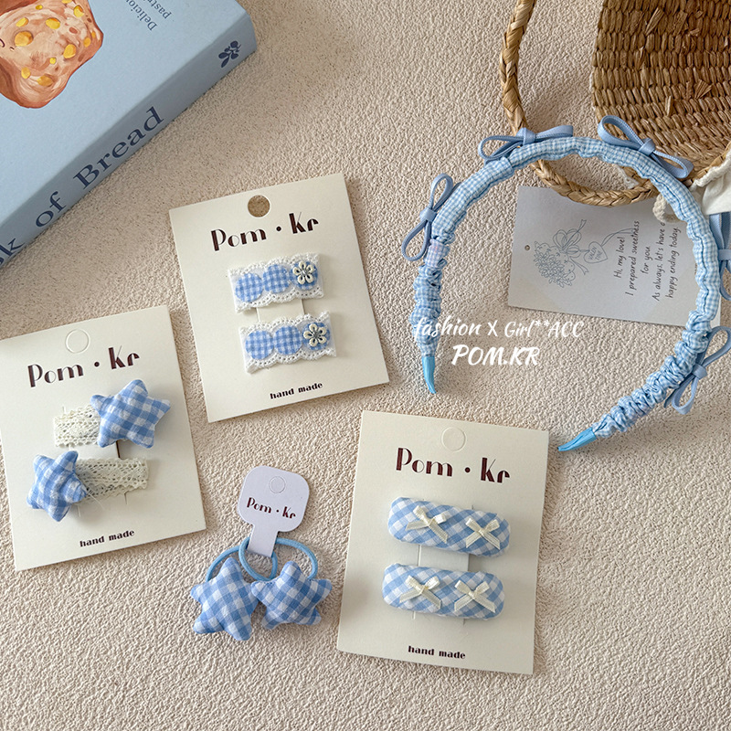 Spring new blue and white checkered ballet-style cute girls and sweet girls, versatile and adorable star bow children's hair accessory and headwear set