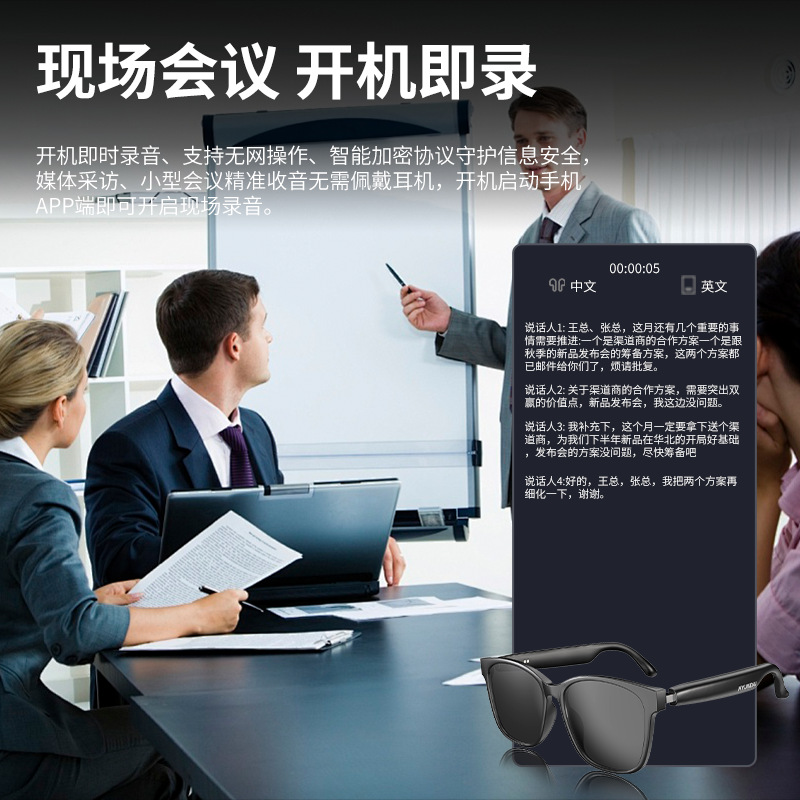 Modern HY-C8AI intelligent translation wireless Bluetooth glasses and headphones, real-time conference simultaneous interpretation smart glasses in 75 languages Specification image