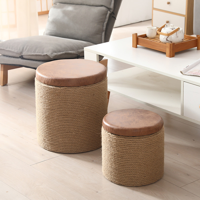 Solid wood hemp rope living room home shoe changing stool, storage stool, foot rest sofa, square stool, sitting box, organizing and storage box, simple and practical storage stool Application Scenario